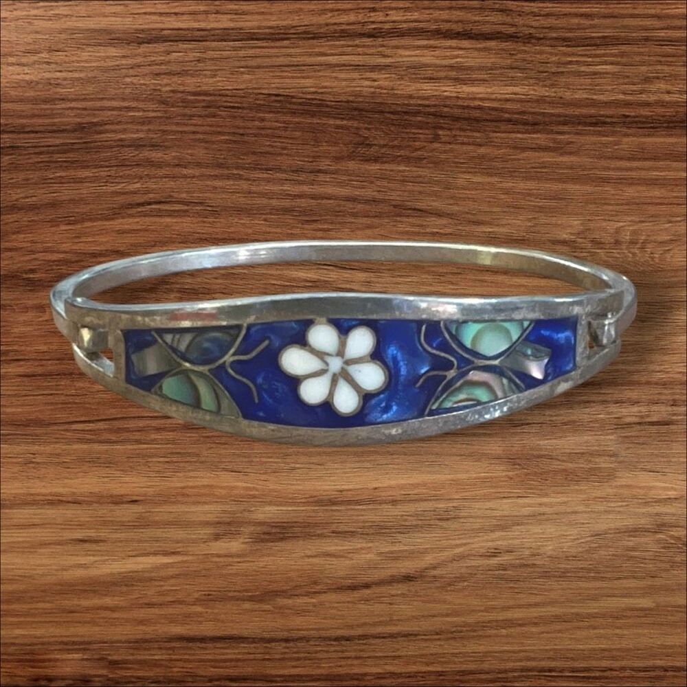 Vintage Mexico Eagle Mark Abalone Floral Inlay Cuff Bracelet 6.5” - 6.75”